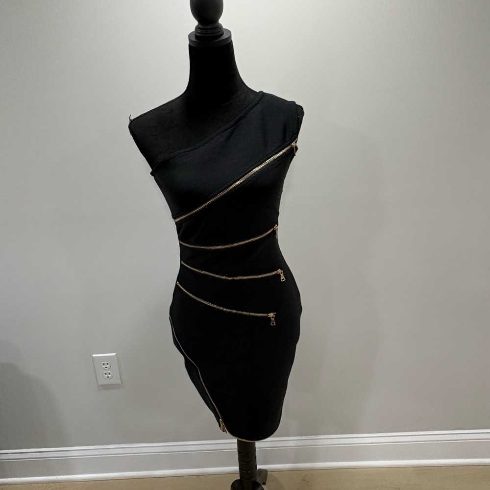 SHEIN One-Shoulder Black Dress with Gold Accents